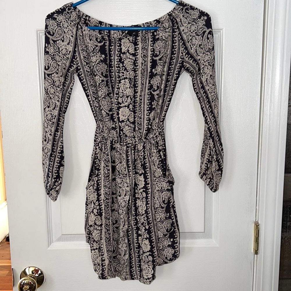 Billabong Blue & White Paisley Long Sleeve Dress With Pockets Size XS